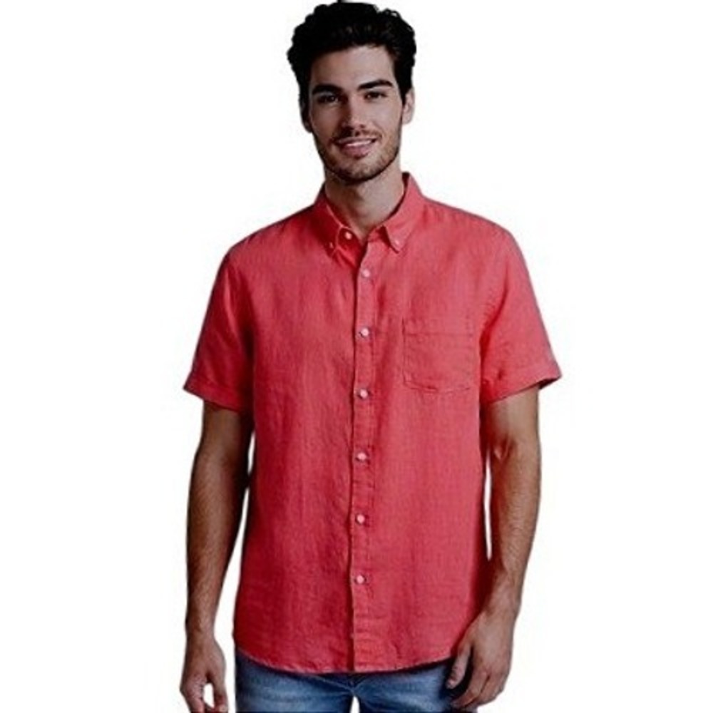 Claiborne Linen Button Down Shirt Mens XXL Coral Red Slim Fit Short Sleeve EUC